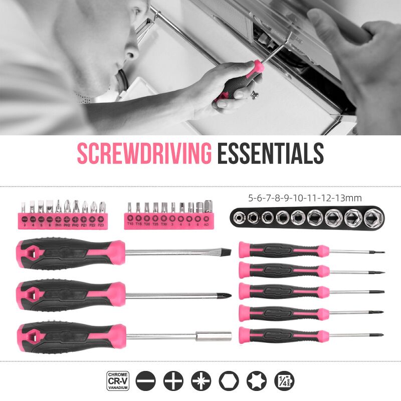 56 peças kit de ferramentas domésticas rosa básico caixa de ferramentas manuais reparos conjunto de ferramentas completo para mulheres